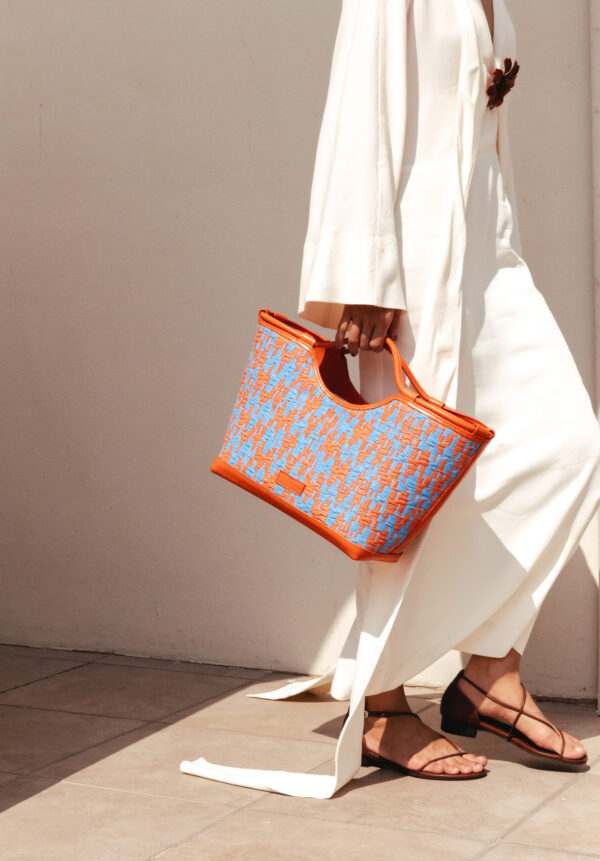Lulu Basket Tote in Blue & Orange Zigzag